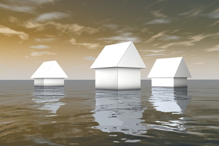 3d white houses under water, natural catastrophes abstract illus