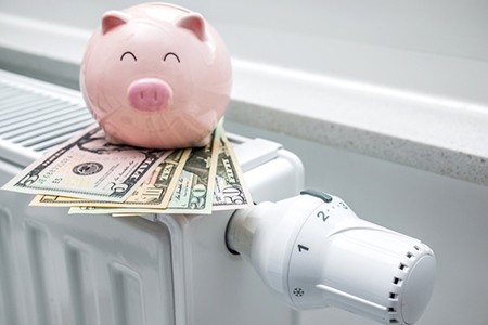Heating thermostat with piggy bank and money