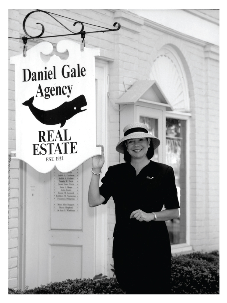 Patricia Petersen outside Daniel Gale Sotheby's Cold Spring Harbor office circa 1980.