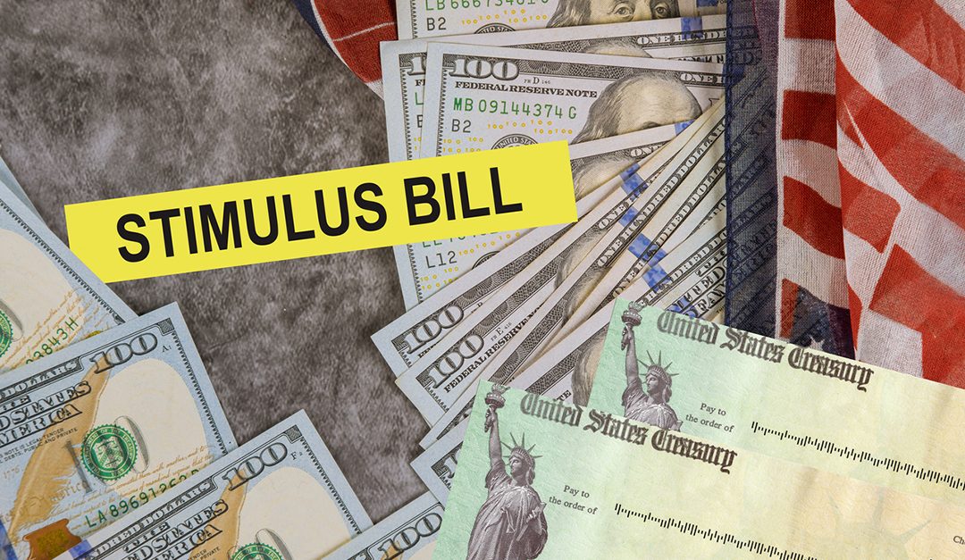 Stimulus bill graphic with dollar bills and checks from the U.S. Treasury